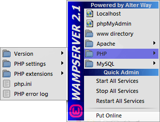 The WampServer menu has links to several related pages and folders.