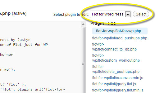 Make sure the flot-for-wp.php file has been selected. This is where we need to be to let WordPress know about your new files.