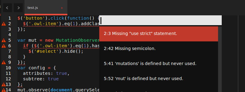 Sublime Text JSHint Screenshot