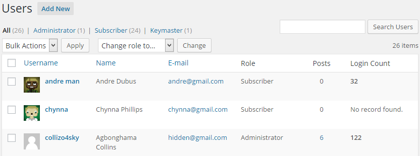 User listing with login count