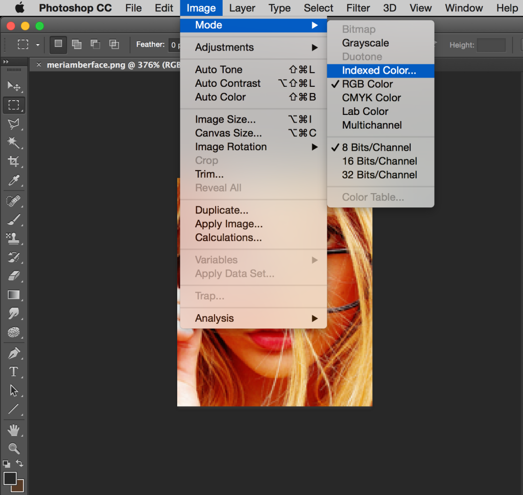 Selecting the indexed color option in Photoshop