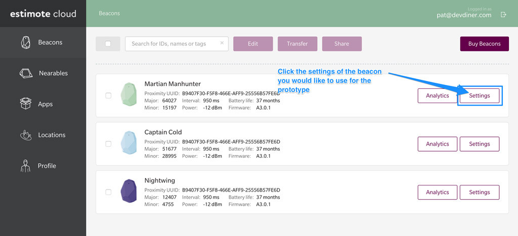 Estimote Beacon list