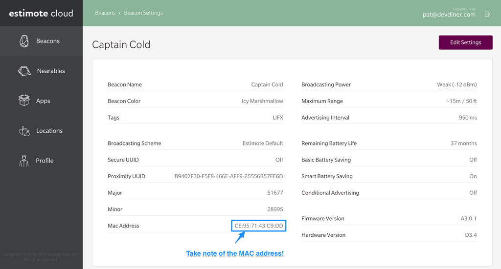 Estimote Beacon settings
