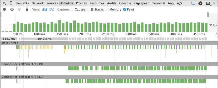 DevTools Timeline during the animation with left and top