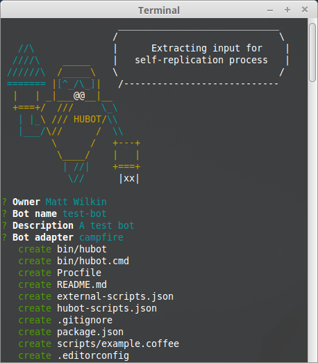 Screenshot of running Hubot generator