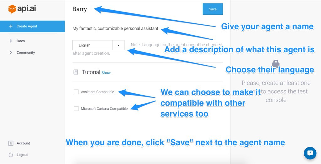 Setting for your new agent in Api.ai