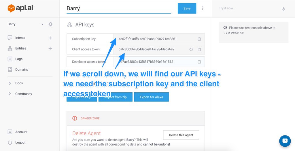 Finding your Api.ai API keys