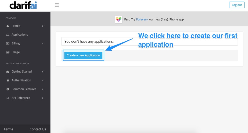 The "Create a new application button"