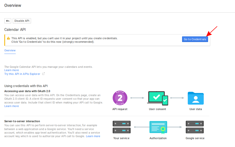 Screenshot of the Google Calendar API overview screen