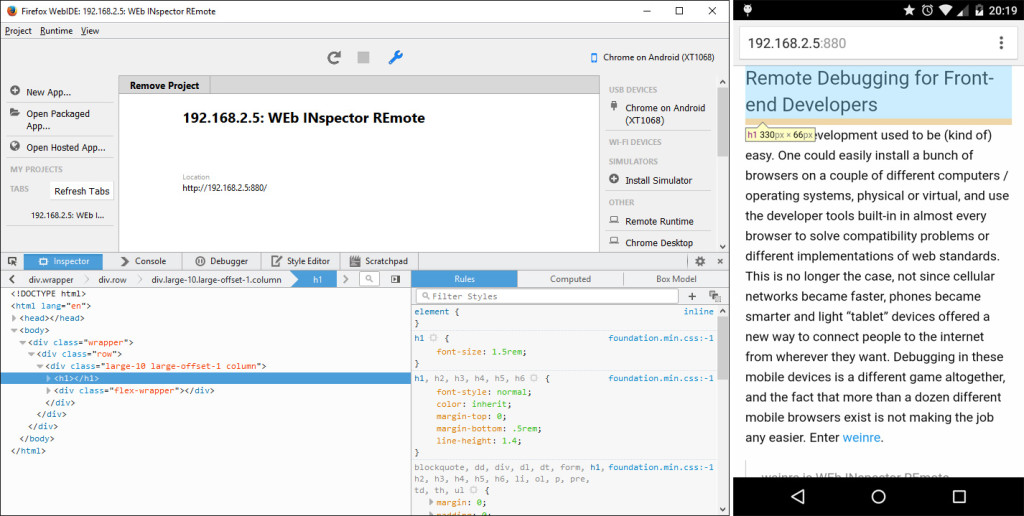 Inspecting HTML source and styles of a Chrome browser on an Android 5 smartphone