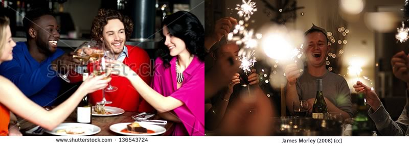 Two dinner party images. Left image is from shutterstock. Right image is from James Morley's Flickr under Creative Commons