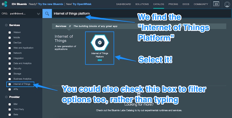 Selecting the Internet of Things Platform in Bluemix