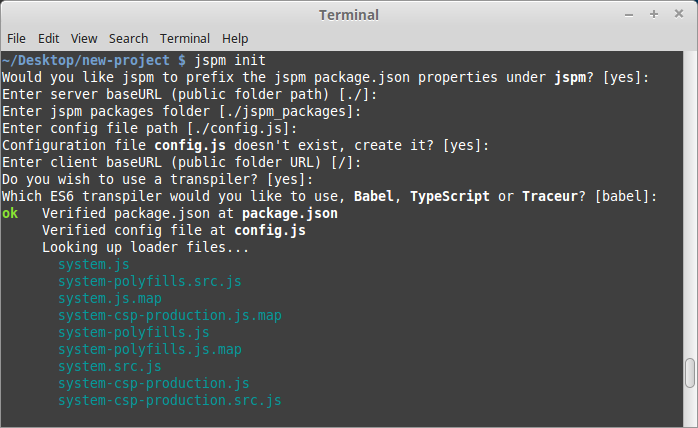 Running the jspm init command in the terminal