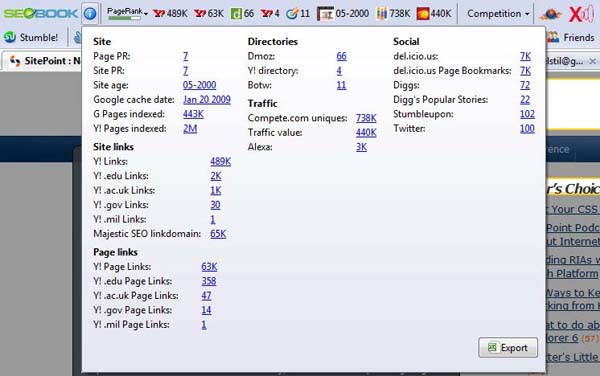 Advanced info. SitePoint Advanced Info pulled in by the SEO Toolbar.