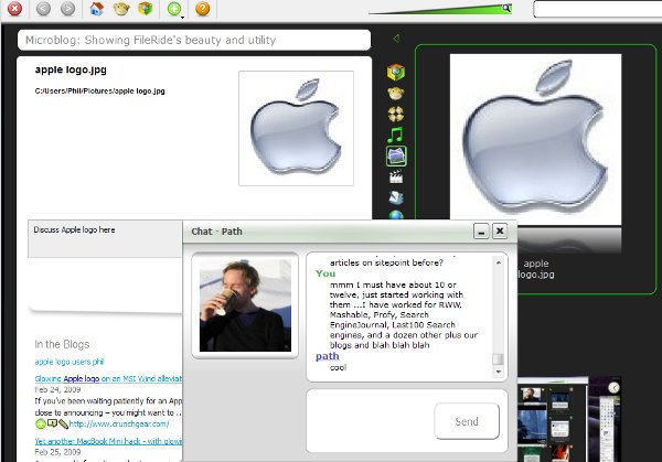 Apple logo expanded via slider bar, contextually linked to blog references, commented on via micro blog, and chatted about via IM.