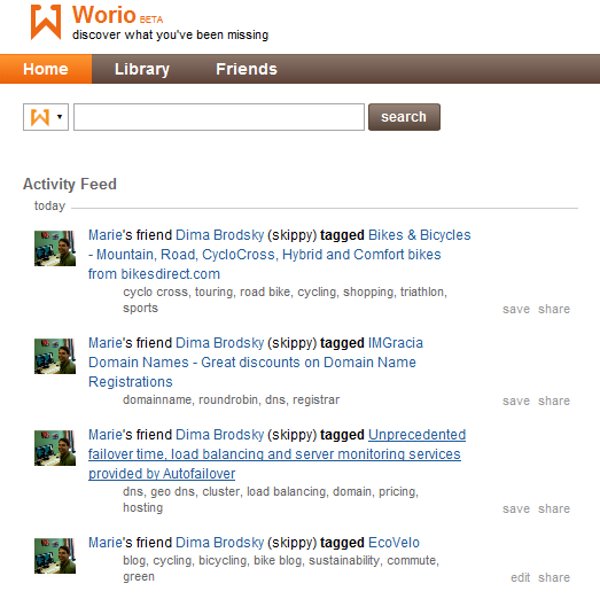 The Worio activity feed showing friends