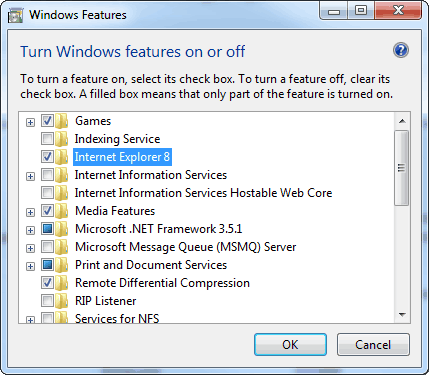 Turn Windows features on or off