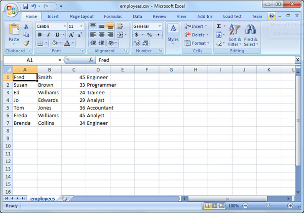 Excel showing a CSV file