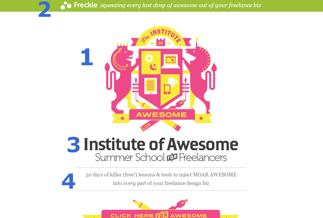 Screenshot: Institute of Awesome with visual hierarchy marked with blue numbers