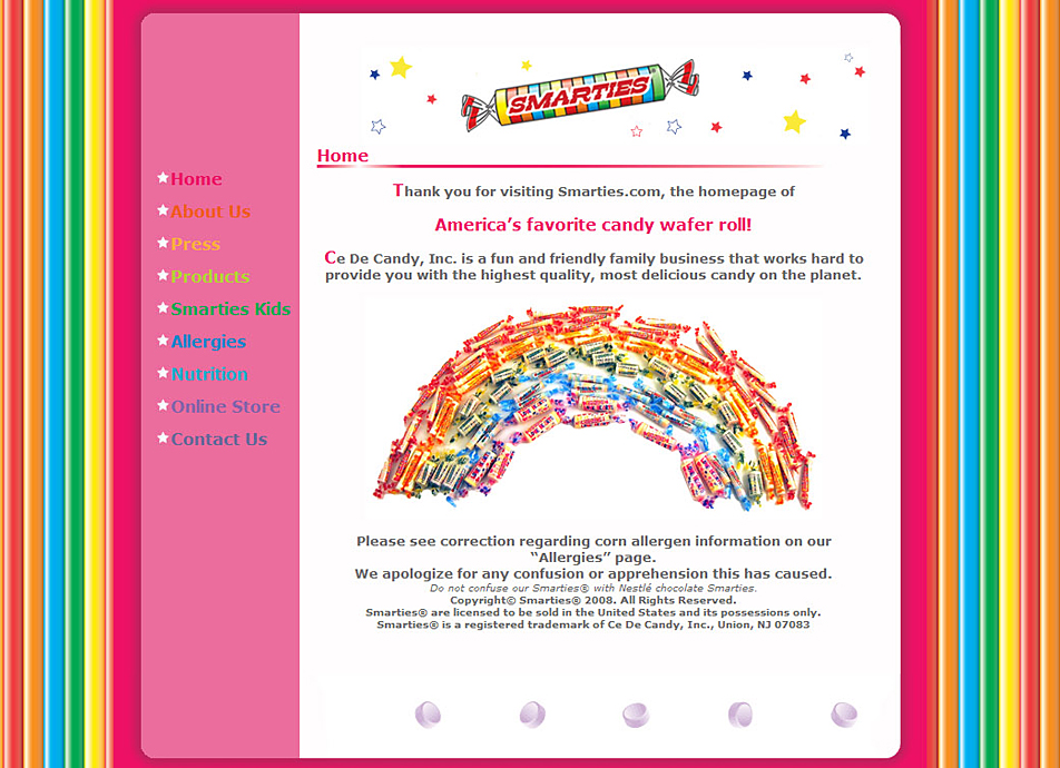 Screenshot: Original Smarties website