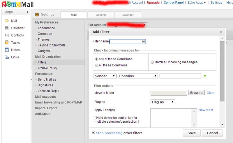 Zoho's settings page