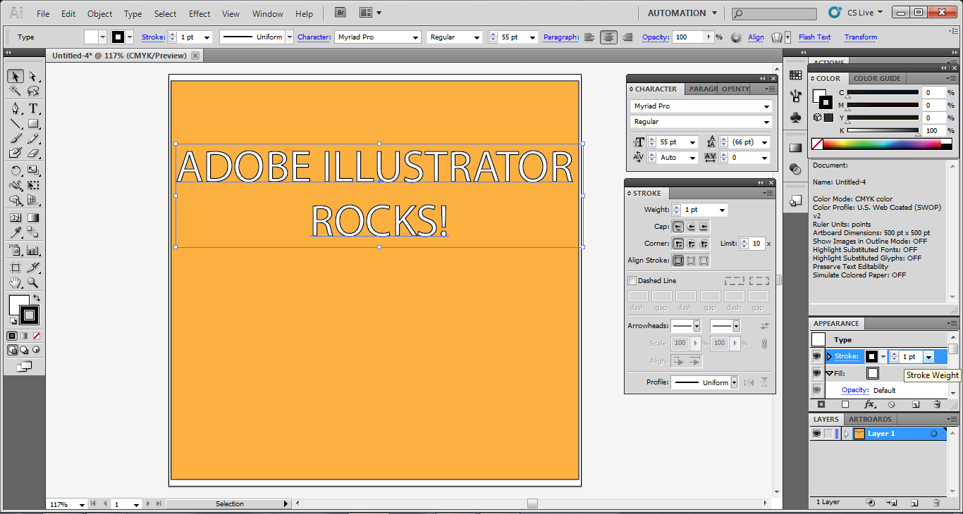 This image represents the first step of the tutorial where the user select font and size and type his message within the document, choosing a color and setting a 1 point stroke