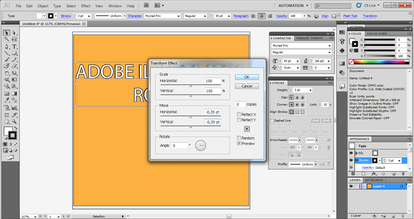 The image represents the changing of the values for Horizontal and Vertical in the Transform dialog box