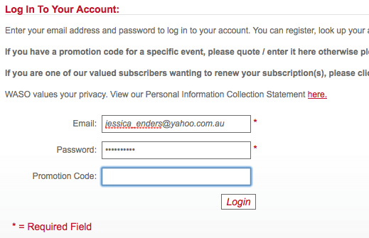 Western Australia Symphony Orchestra login screen