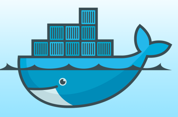 A cartoon whale swimming just below the surface of the water, carrying ten containers on its back
