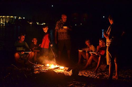 Night time Beach bonfire scene