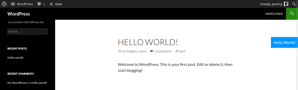 Hello World WordPress dashboard