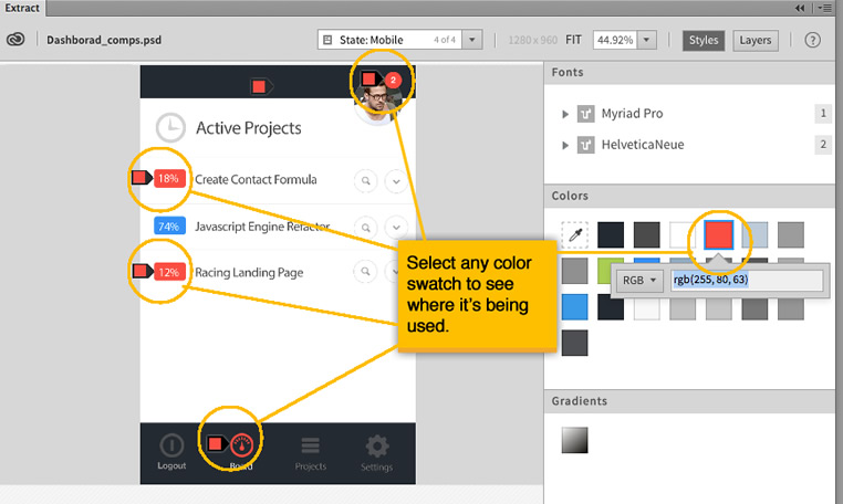 Color, fonts, and gradient choices are collated in the Styles panel