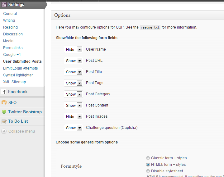 Settings of User Submitted Posts Plugin