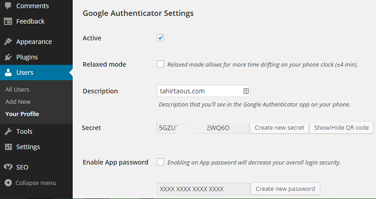 Google Authenticator Settings