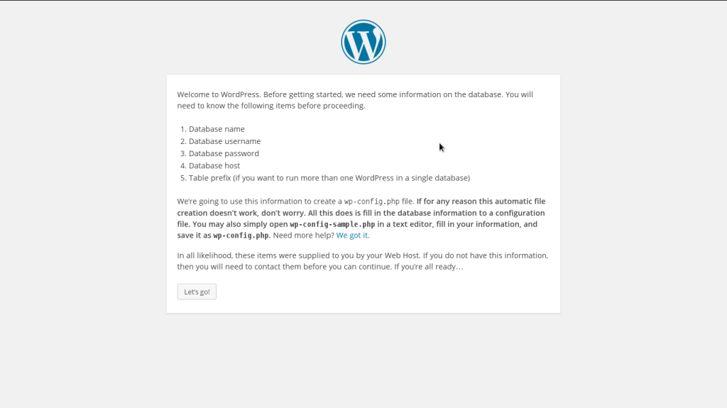 Welcome WordPress Screen