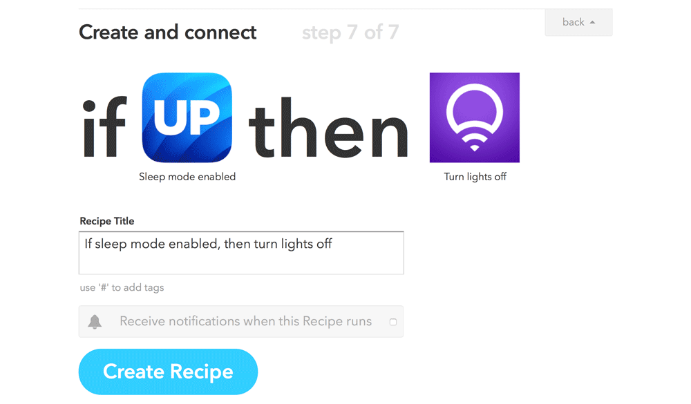 The final confirmation screen for our LIFX recipe