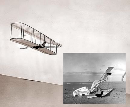 Wright Brothers glider in flight (inset: A crashed glider)