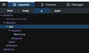 Firefox Developer tools showing how the HTML5 parser fixed the wrongly nested HTML