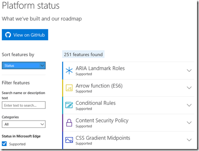 Microsoft Edge platform status section