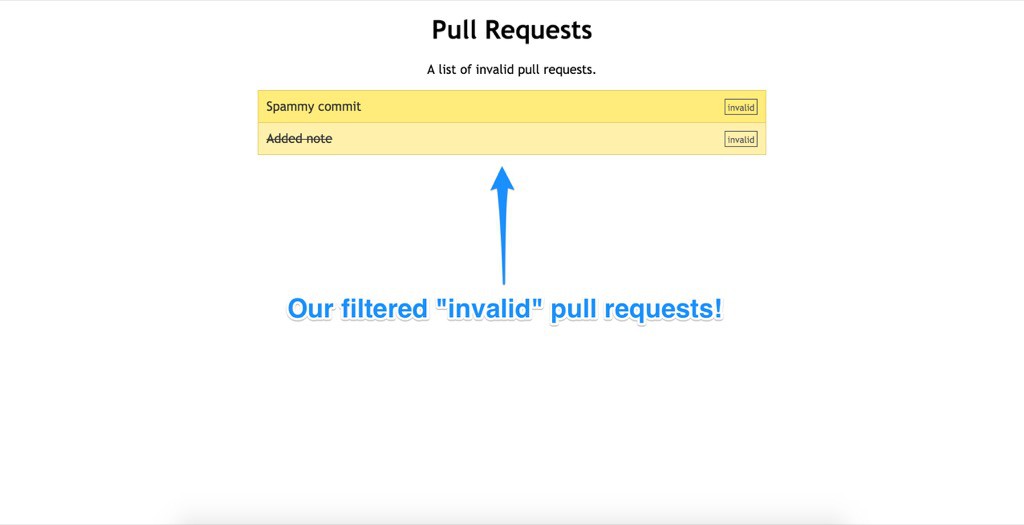 Our app in action showing invalid pull requests