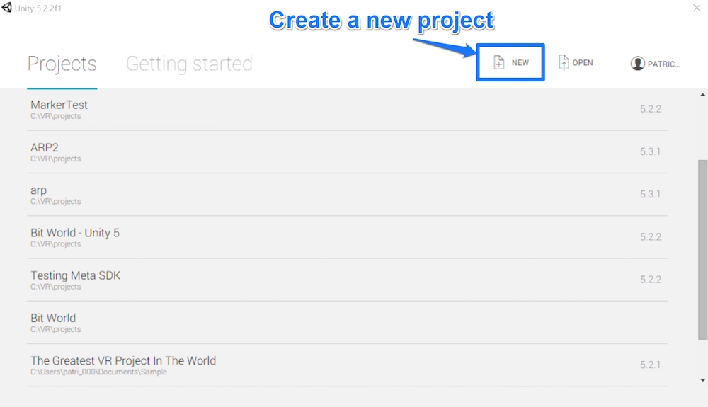 Creating a new project by clicking New