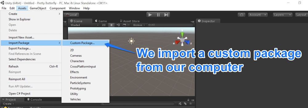 Importing a custom package via Assets, Import package, Custom Package