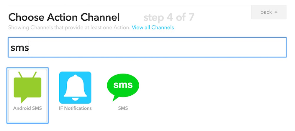 Choosing Android SMS Action Channel