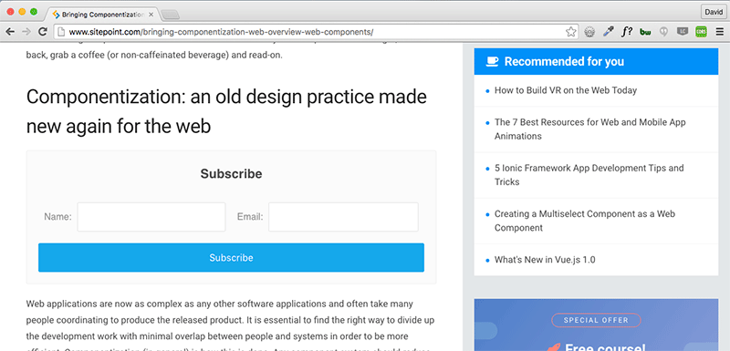 Screenshot of email subscription form imported into main body of SitePoint site