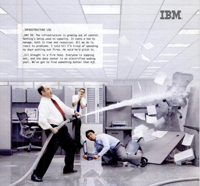 Funny image of fire being put out in IBM office