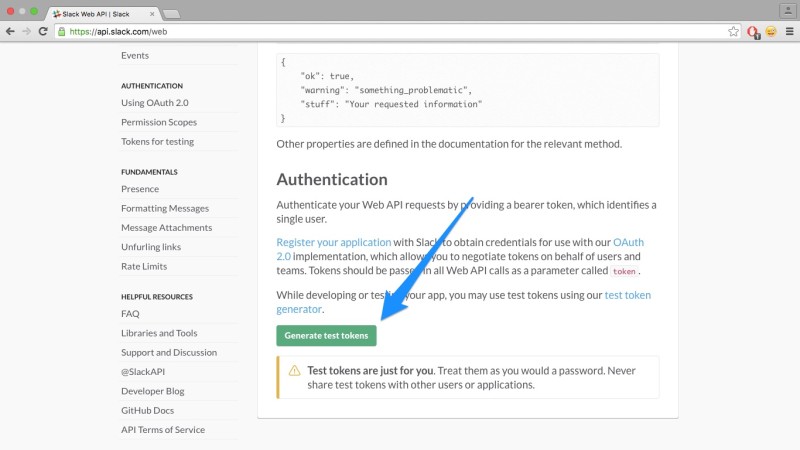 Generating an API token for Slack