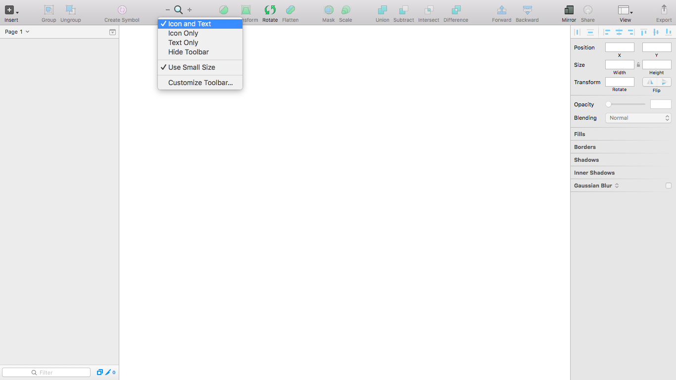 Different context menu options available from the toolbar