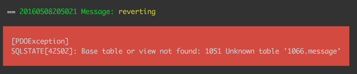 A failed rollback error message saying it cannot find the table in question