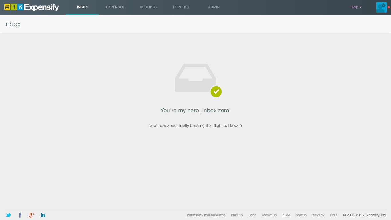 Inbox welcome message: You're my hero. Inbox zero!