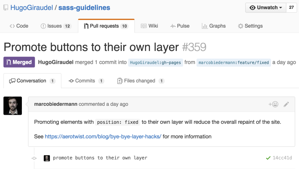An example of a merged pull request on the Sass Guidelines repository on GitHub